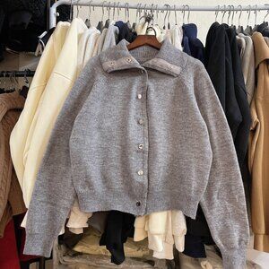 Cute Gray Cropped Cardigan Collar Detail